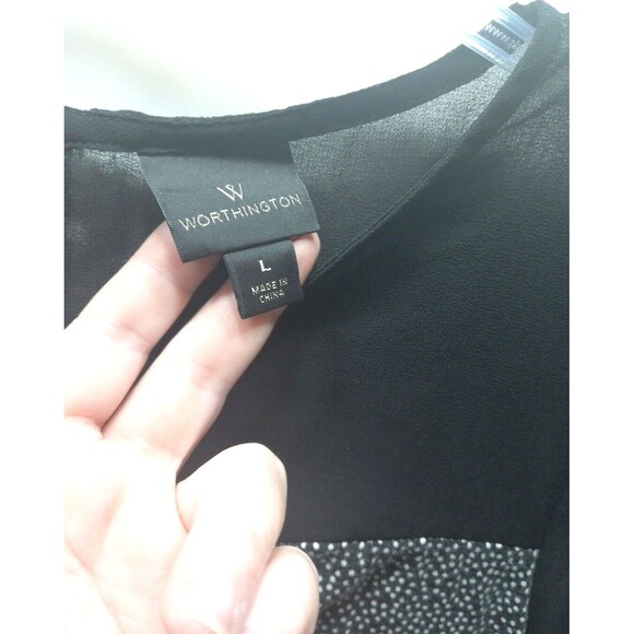 Worthington Mixed Media Black Large Semi Sheer Bodice Hem Panel Ruffle Sleeves - Picture 6 of 10